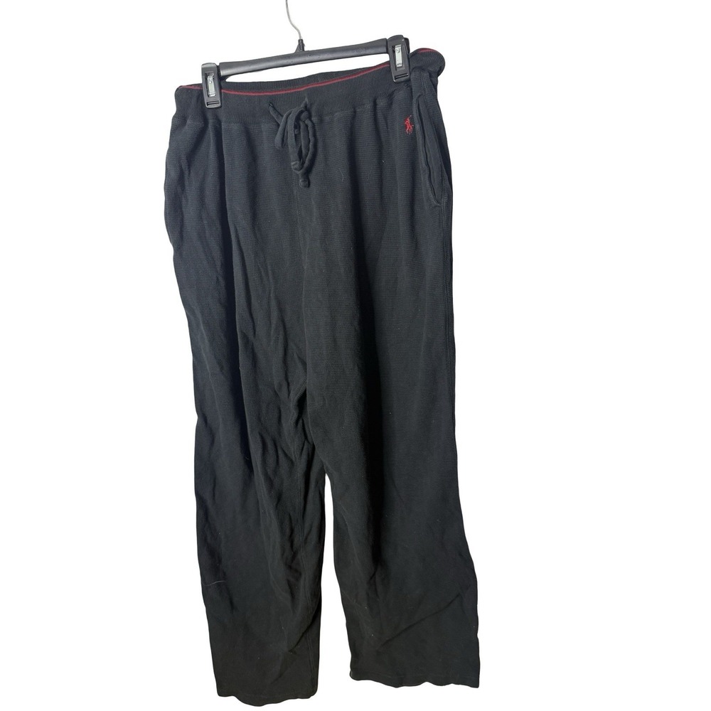 Polo Ralph Lauren Pajama Pants Med Waffle‎ Knit Thermal Sleepwear Pockets Black